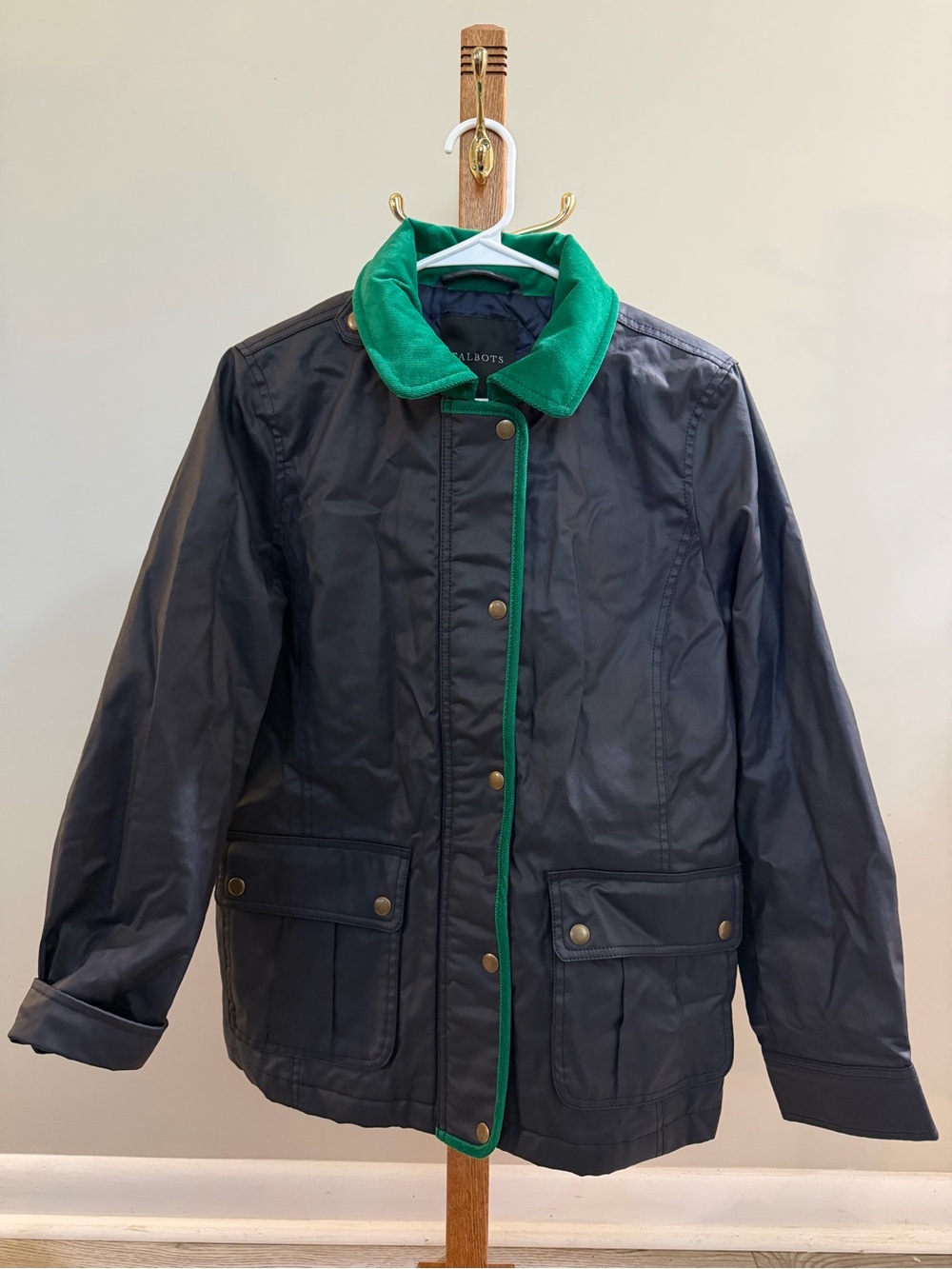 Talbots Navy Raincoat with Green Corduroy Collar